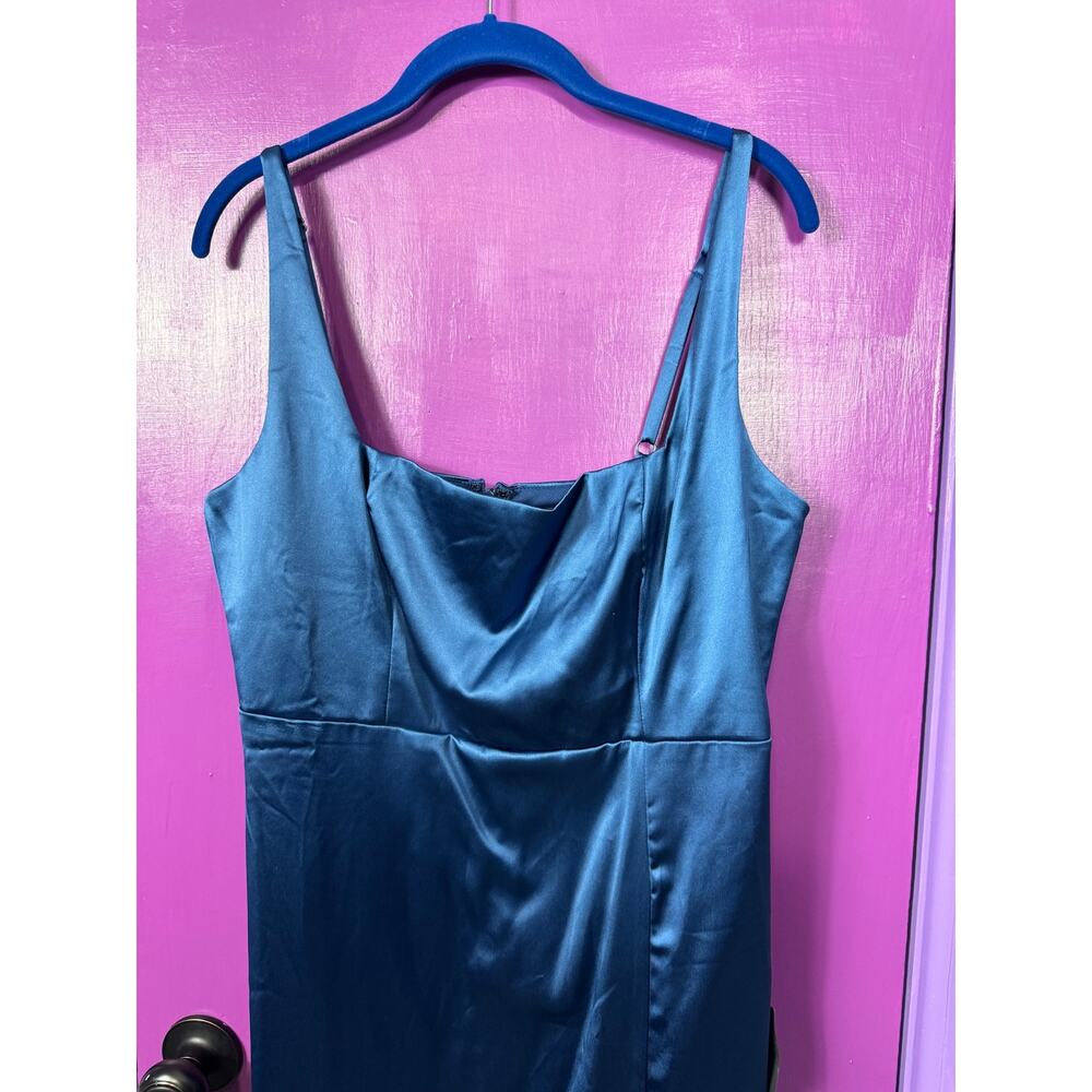 NWT Lulus XL Teal Blue Satin Cowl Neck Midi Dress Side Slit Wedding Guest - Picture 3 of 10